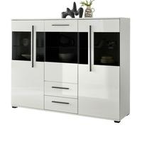 HIGHBOARD weiß Hochglanz 160 cm, Vitrine mit 11 Fächern, Soft-Close - Weiß Hochglanz/Schwarz, Glas/Holzwerkstoff (160/126/42cm) - Furn.Design
