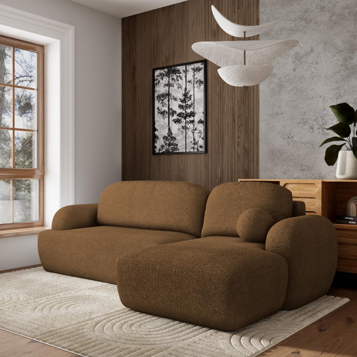 ECKSOFA MODENZA N R-S Braun Boucle-Stoff mit Schlaffunktion - Schwarz/Braun, Holz/Kunststoff (266/148cm) - MASSENO