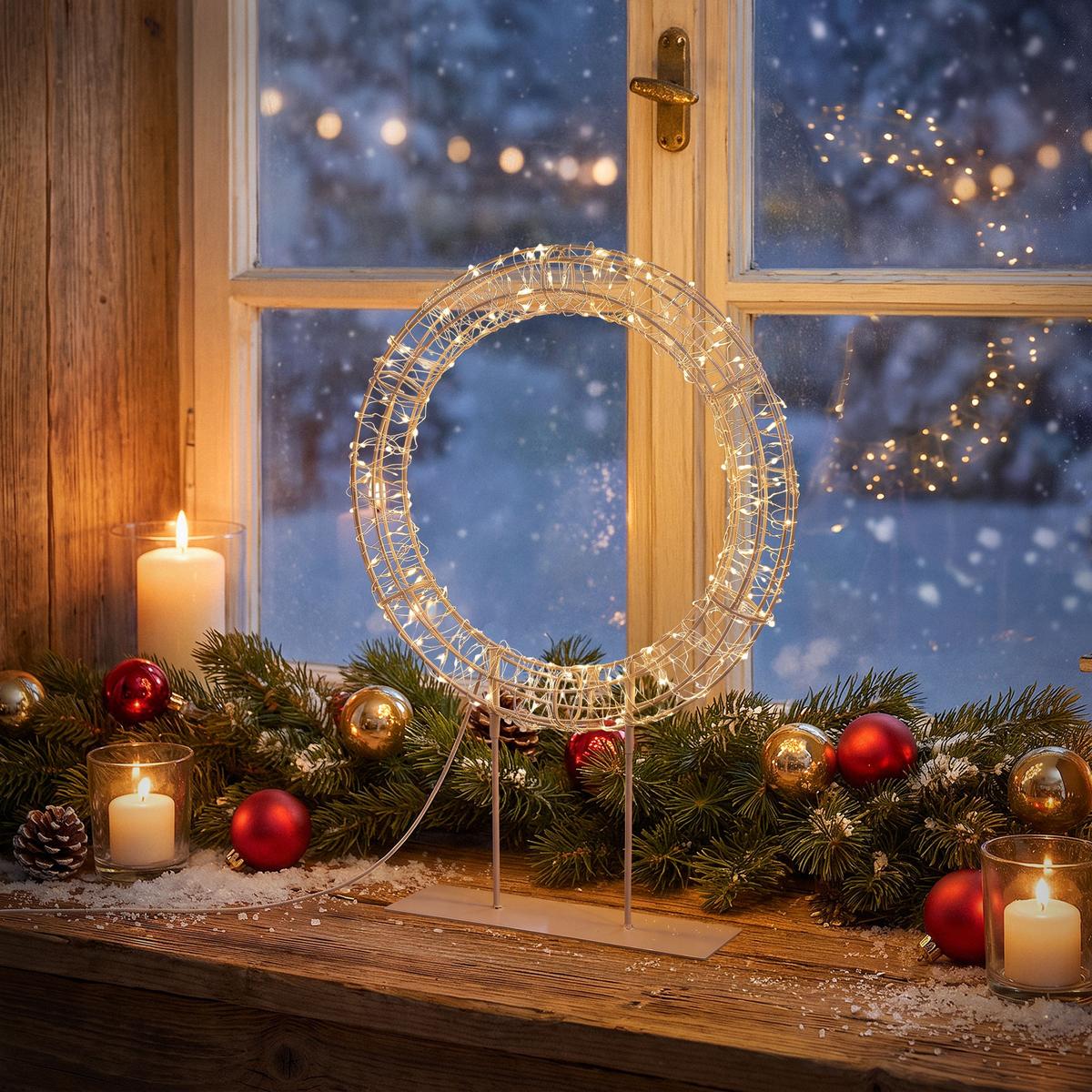 LED WEIHNACHTSKRANZ 41,5 cm mit Sockel Weihnachtsdeko mit Lichterkette 200 LED Warmweiß - Beige, Metall (28/41.5/7cm) - ECD-Germany
