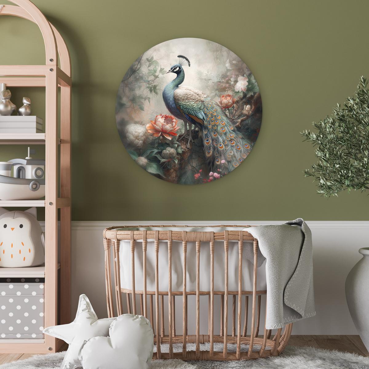WANDBILD Pfau - Pfauenfedern - Vogel - Dschungel - Blumen Wanddeko Schlafzimmer 60x60 cm - Smaragdgrün, Kunststoff (60/60cm) - MuchoWow