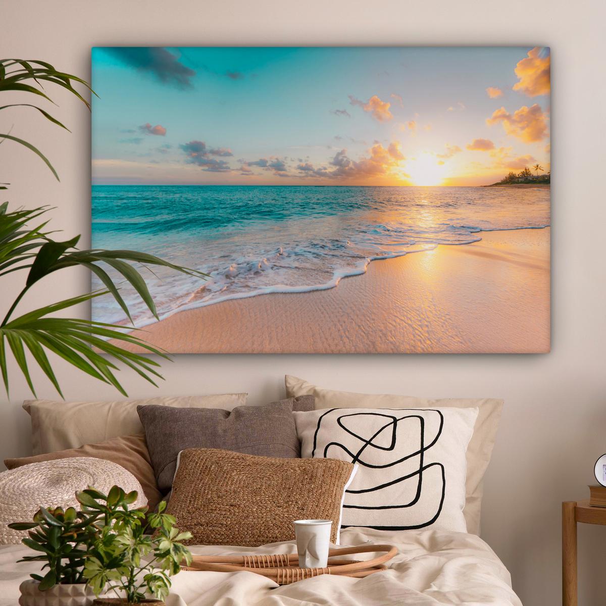 LEINWANDBILD Sonnenuntergang - Strand - Meer - Sommer - Blau Groß 140x90 cm - Multicolor, Textil (140/90cm) - MuchoWow
