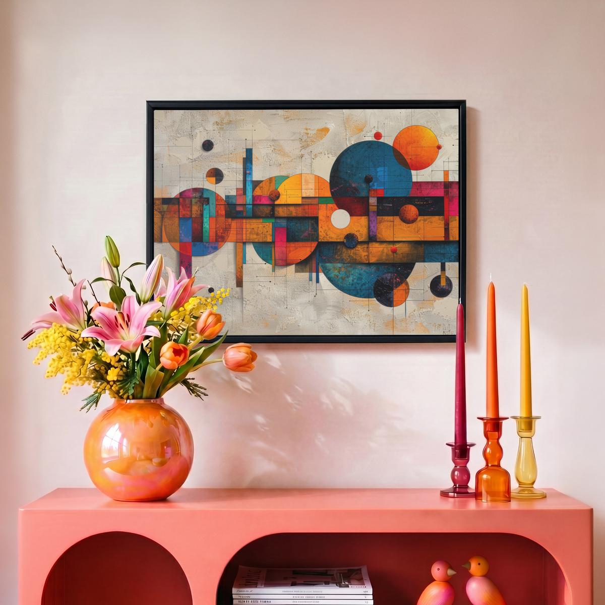 LEINWAND Bilder mit Rahmen - Vintage - Moderne Kunst - Orange - Geometrische Formen - 40x30 - Multicolor, Textil (40/30cm) - MuchoWow