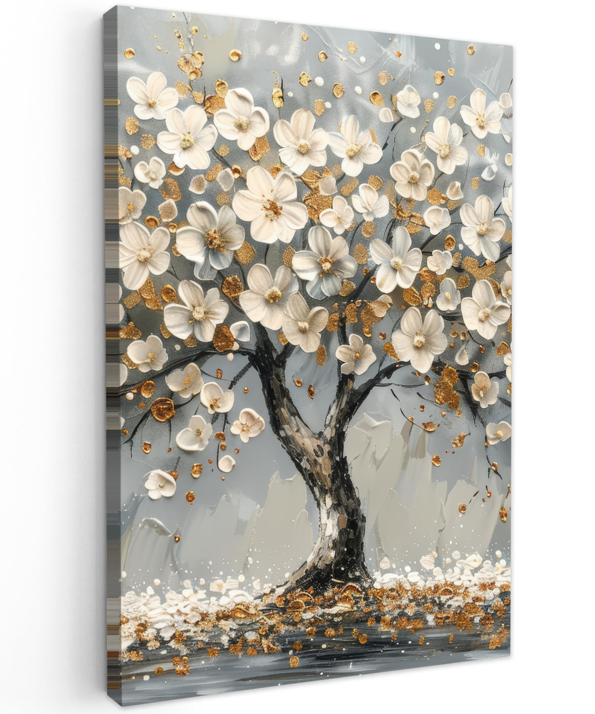 LEINWANDBILD Baum - Blumen - Weiß - Natur - Kunst Deko XXL 80x120 cm - Weiß, Textil (80/120cm) - MuchoWow