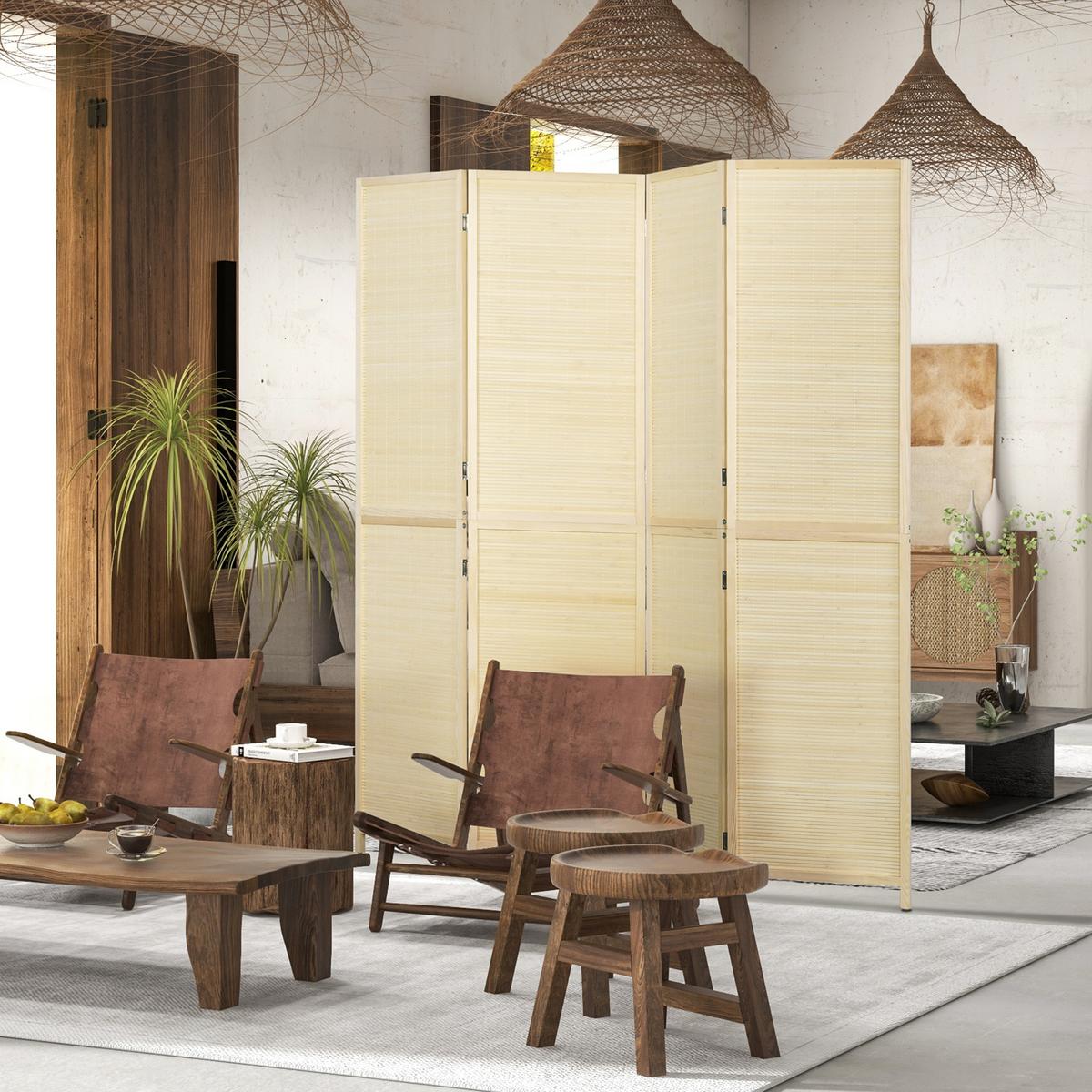 PARAVENT 4 TLG. 180 x 180 cm Faltbar aus Bambus Natur - Naturfarben, Naturmaterialien (1.6/180/180cm) - HOMCOM