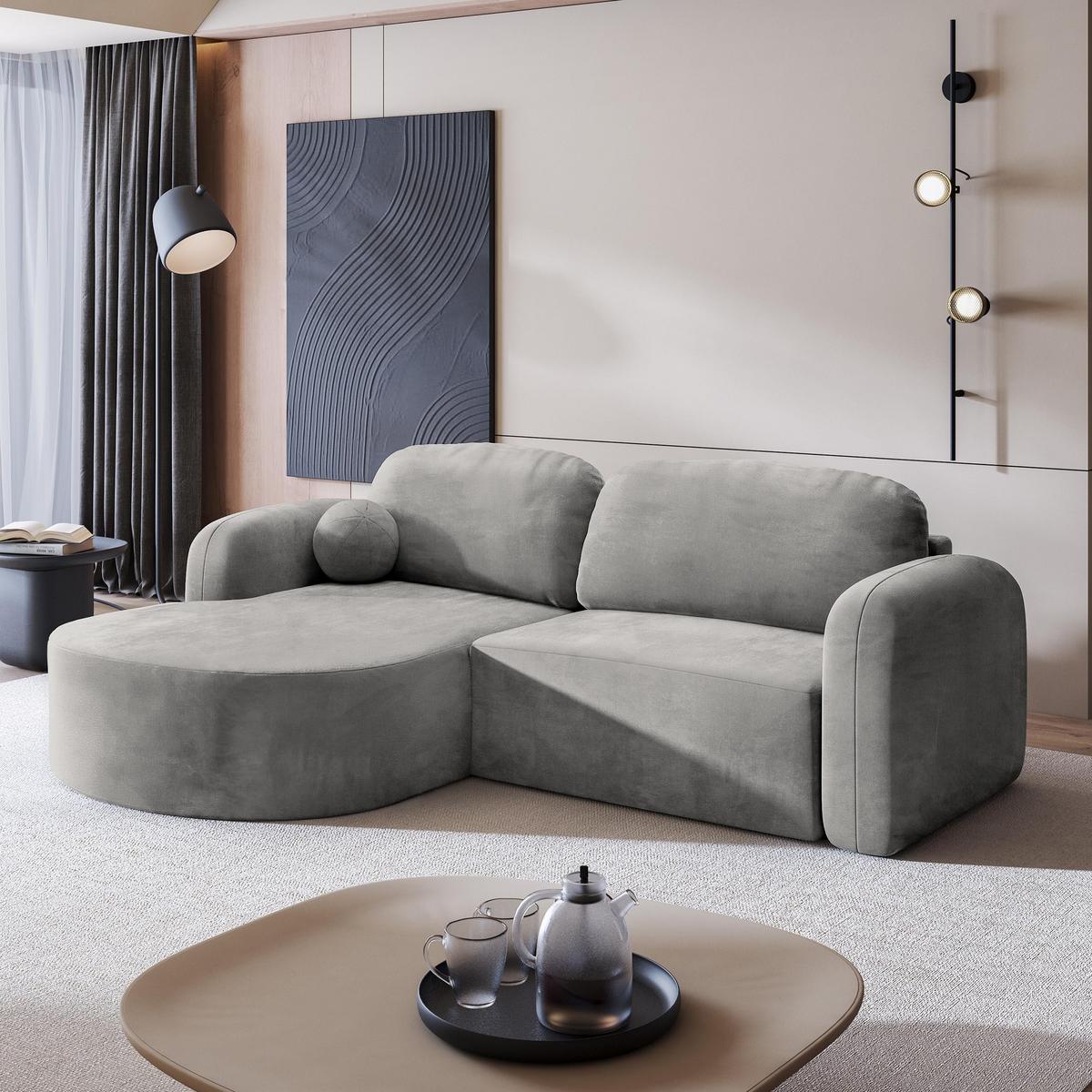 ECKSOFA AMILIA M L-S Hellgrau Velours-Stoff mit Schlaffunktion - Hellgrau, Holz (263/174cm) - MASSENO