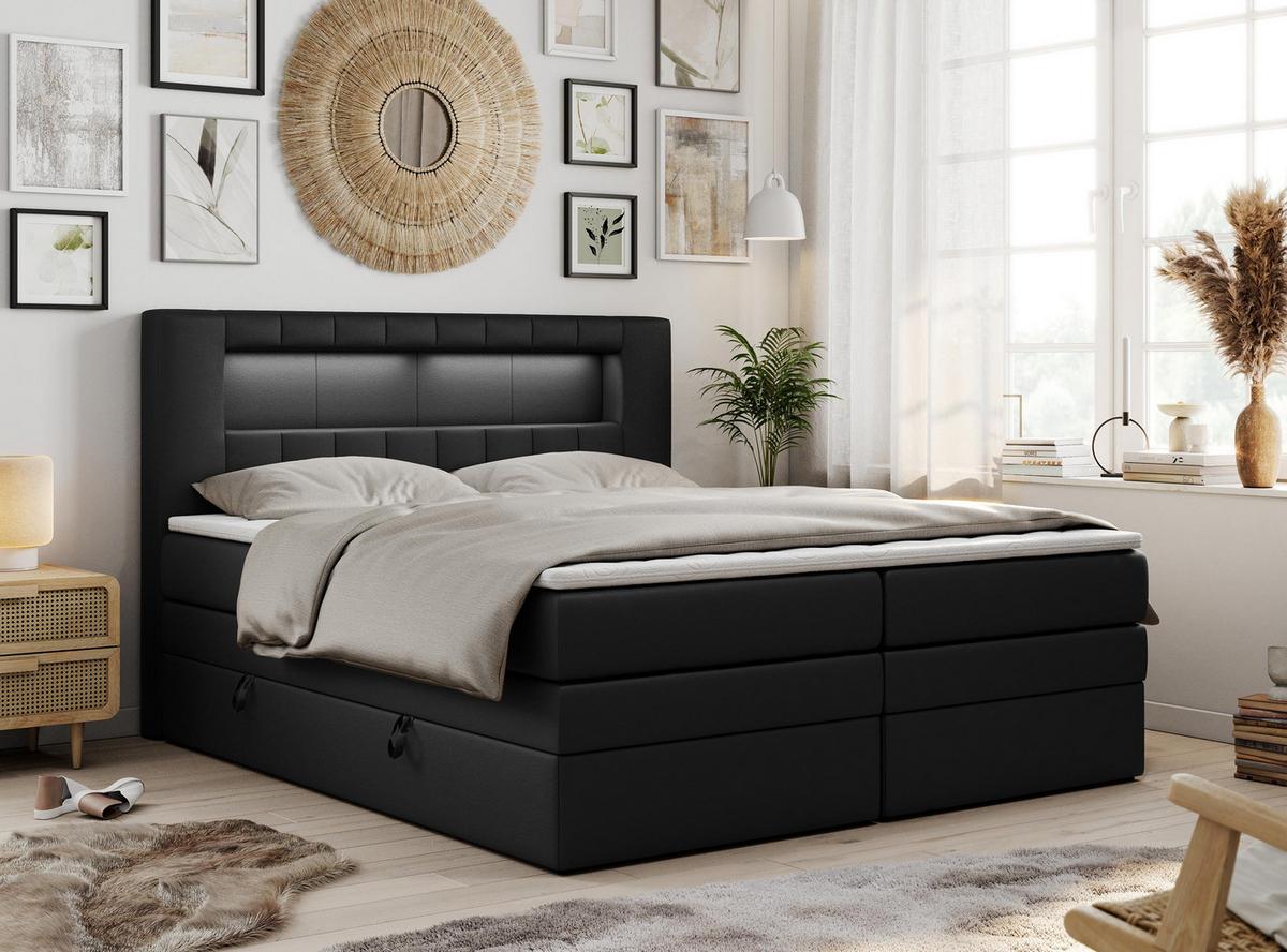 BOXSPRINGBETT GOLD-5 KING LED 120/200 Schwarz Kunstleder - H4 - Schwarz, Holz/Textil (120/200cm) - MKS