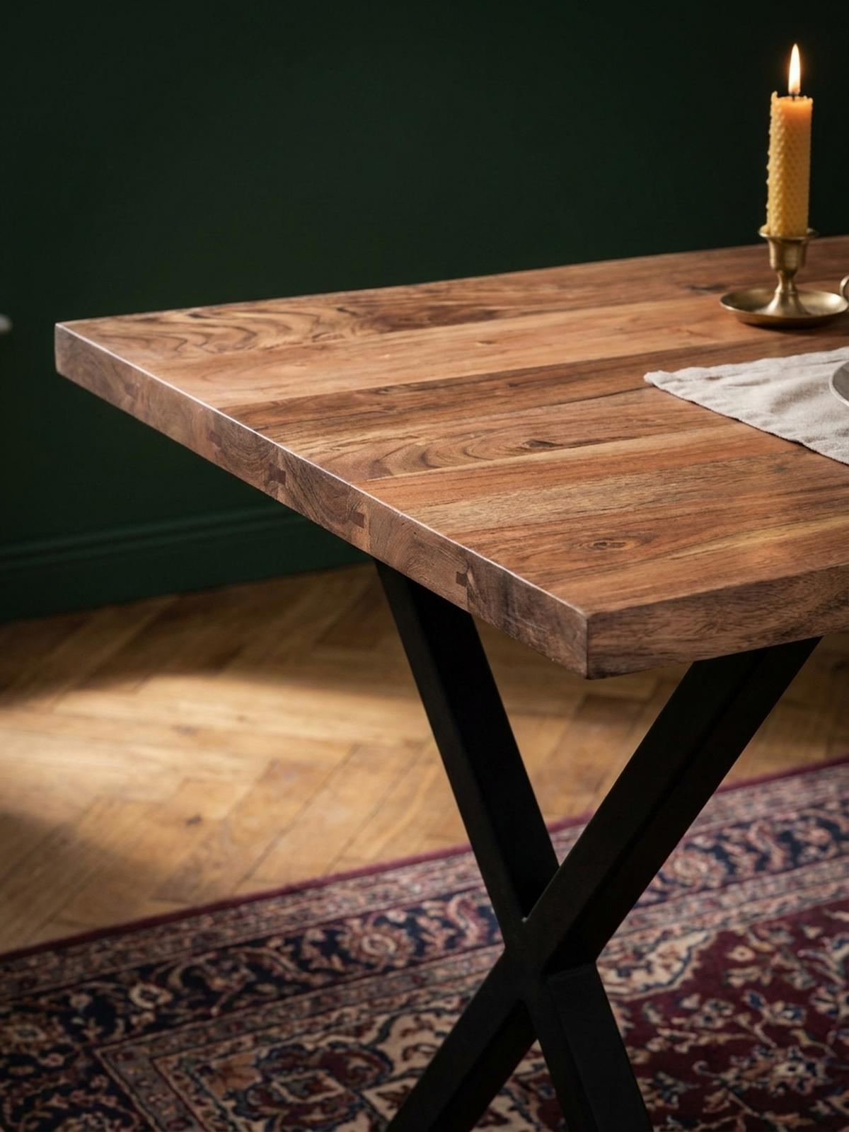 ESSTISCH Massivholz Metall X-Gestell Baumkante Industrial KRETA, Goldbraun-Schwarz 120x60x76 cm - Schwarz/Braun, Holz/Metall (60/120/76cm) - KADIMA DESIGN