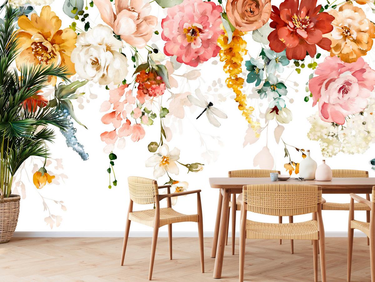 FOTOTAPETE für Schlafzimmer Aquarell Bunte Blumen Ranken Blätter 250x175 - Gelb/Rot, Papier (250/175cm) - Muralo