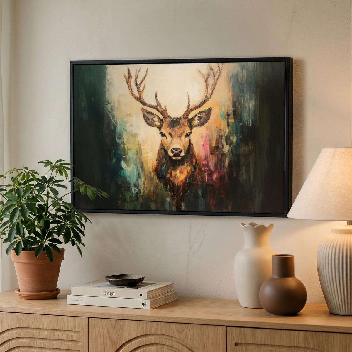LEINWAND Bilder mit Rahmen - Hirsch - Gemalt - Geweih - Braun - 60x40 - Haselnussfarben, Textil (60/40cm) - MuchoWow