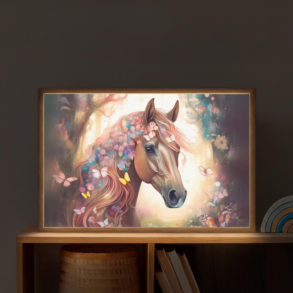 NACHTTISCHLAMPE MIT AKKU Pferd - Natur - Blumen - Schmetterlinge - Wald 60x40 cm - Dunkelbraun, Holzwerkstoff (8/60/40cm) - OnlyWow