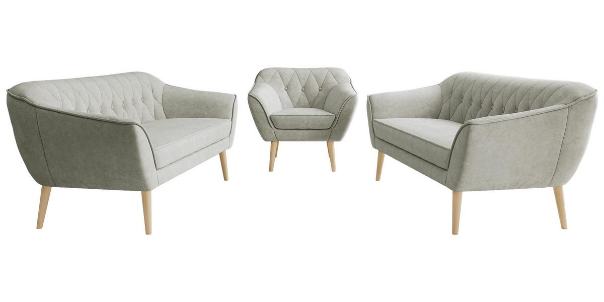 SITZGARNITUR PIRS 3+3+1 - Hellgrau Strukture - Holzbeine - Silberfarben/Buchefarben, Holzwerkstoff/Textil (180/75/74cm) - MKS