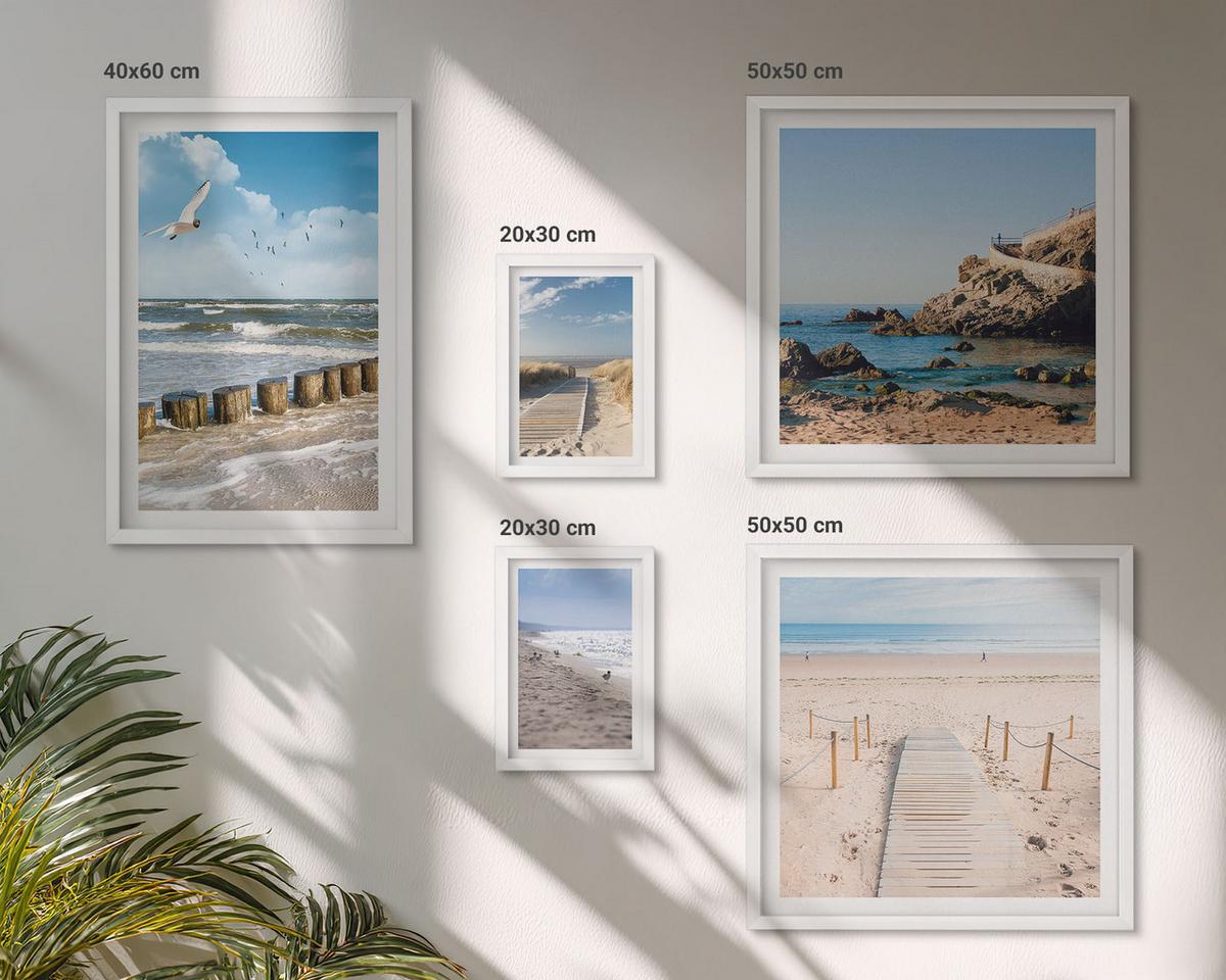 BILDER SET 5er Set - 50x50 cm & 20x30 cm & 40x60 cm Weißer Rahmen - Strand, Sand, Wellen, Himmel, Vögel - Weiß, Kunststoff (40/60cm) - TULUP