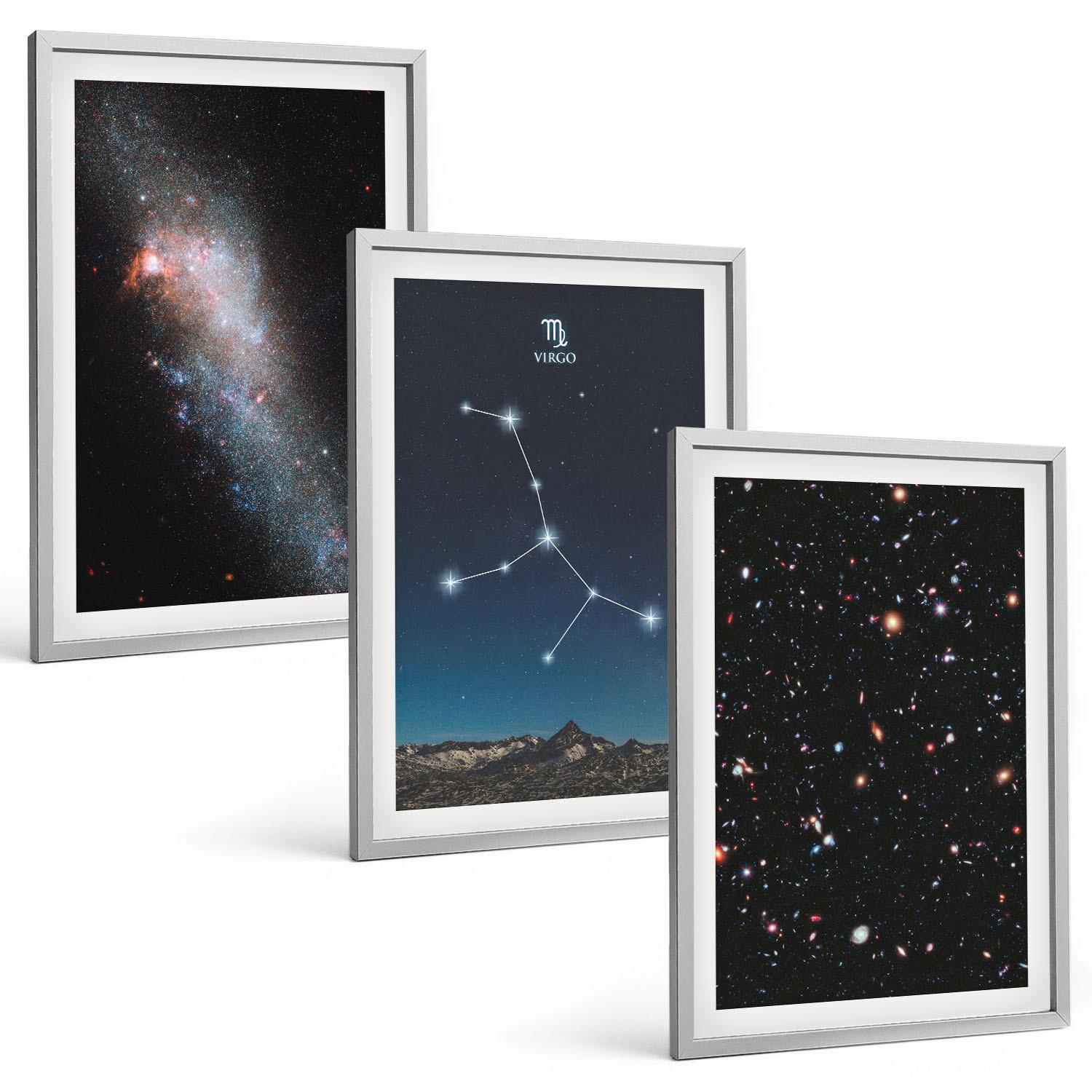 BILDER SET 3er Set - 40x60 cm Silberner Rahmen - Galaxie im Sternbild Jungfrau - Silberfarben, Kunststoff (40/60cm) - TULUP