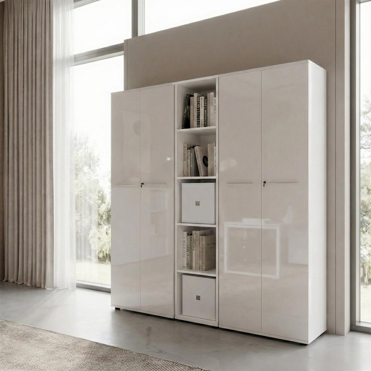 BÜRO-SET MUENCHEN 8-teilig Weiß | Glas & Abschließbar & Soft-Close - Weiß, Holzwerkstoff/Metall (80/575/196cm) - KADIMA DESIGN