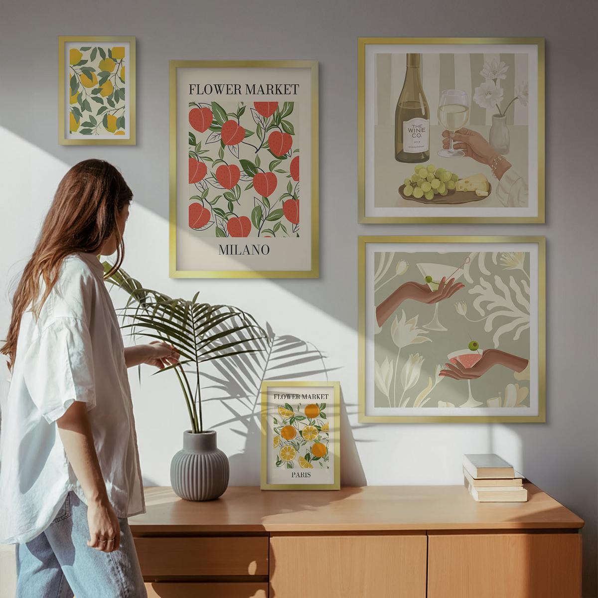 BILDER SET 5er Set - 50x50 cm & 20x30 cm & 40x60 cm Goldrahmen - Strandmotive, Muscheln, Wellen - Goldfarben, Kunststoff (40/60cm) - TULUP