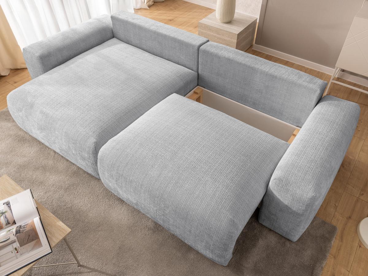 ECKSOFA Puffy mit Schlaffunktion und Bettkasten - besonders weich und puffig aus Hellgrau Chenille-Stoff - Ottomane links - Hellgrau/Schwarz, Holz/Kunststoff (138/266cm) - S-Style Möbel
