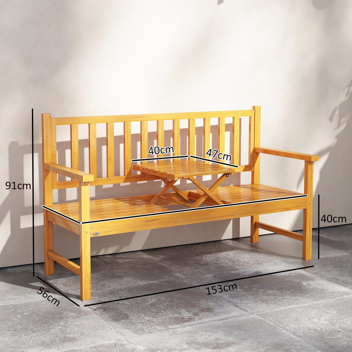 GARTENBANK 3-Sitzer, Sitzbank mit Tisch, Parkbank mit Armlehne Hellbraun - Braun, Holz (56/91/153cm) - Outsunny