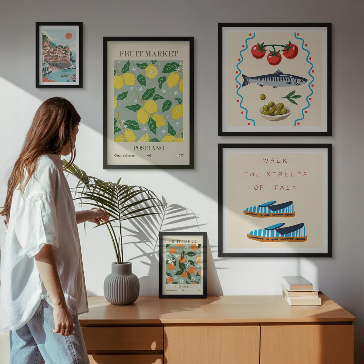 BILDER SET 5er Set - 50x50 cm & 20x30 cm & 40x60 cm Schwarzer Rahmen - Italienische Poster mit Fruchtmotiven - Schwarz, Kunststoff (40/60cm) - TULUP