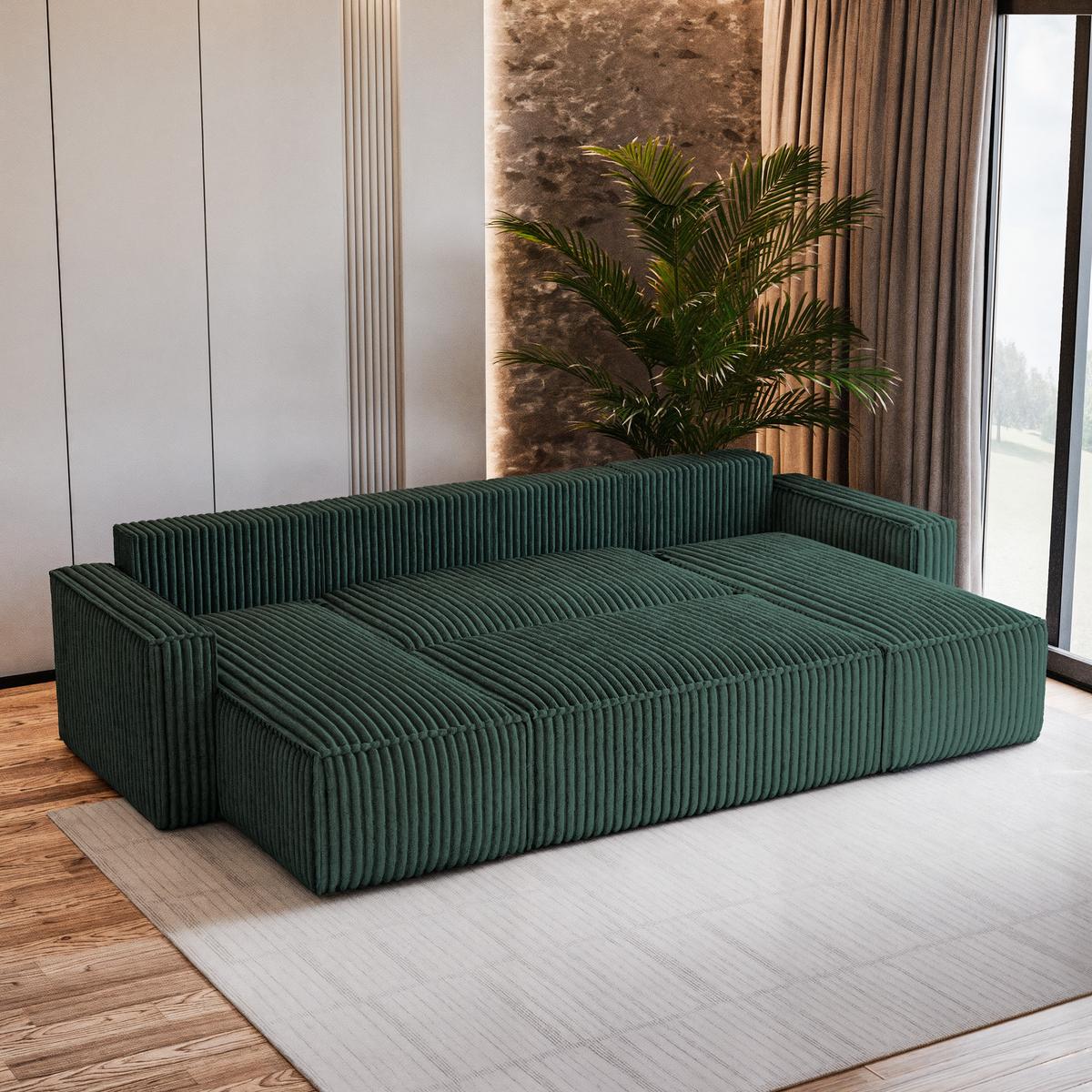 WOHNLANDSCHAFT PESANO T Grün Kordstoff mit Schlaffunktion - Grau/Grün, Holz/Kunststoff (306/85/140cm) - MASSENO