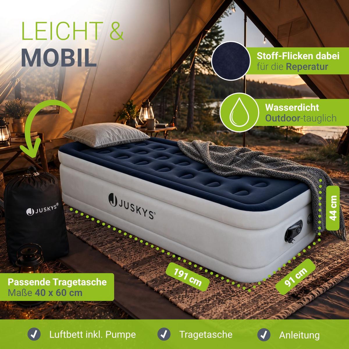LUFTBETT Sapri M blau / weiß inkl. Tragetasche - Weiß, Kunststoff (87/185cm) - Juskys