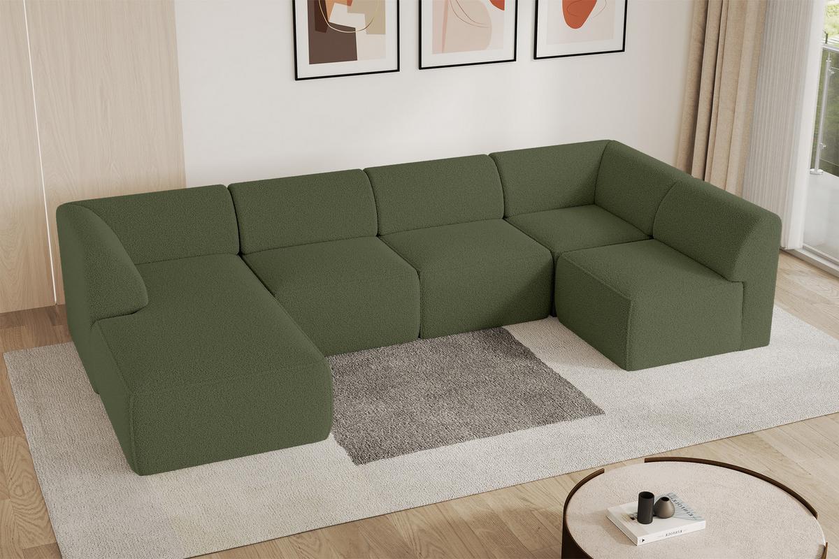 WOHNLANDSCHAFT Ottomane Links MOVO-L 345x180x78 cm Grün Bouclé - Dunkelgrün, Holzwerkstoff/Kunststoff (345/78/180cm) - ALTDECOR