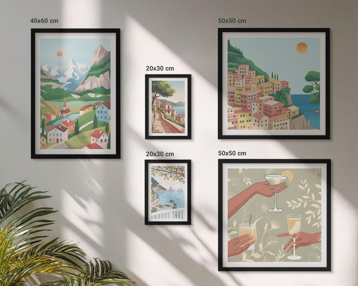 BILDER SET 5er Set - 50x50 cm & 20x30 cm & 40x60 cm Schwarzer Rahmen - Meereslandschaften, Zitrusfrüchte - Schwarz, Kunststoff (40/60cm) - TULUP