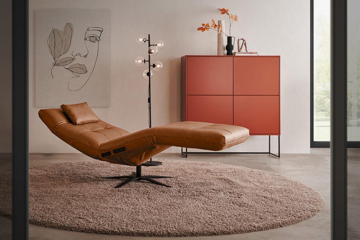 RELAXLIEGE LETICIA Braun Leder Drehbar (360°), Relaxfunktion - Schwarz/Braun, Leder/Metall (82/115/156cm) - KAWOLA