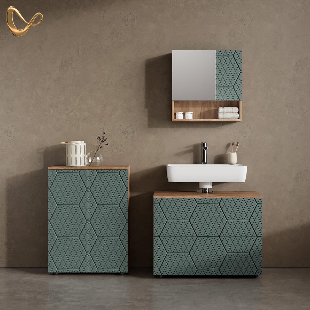 BADMÖBEL-SET Ronco Grün/Goldkraft Eiche 3 Teile, mit Unterschrank 80 cm - Honigeiche/Grün, Holzwerkstoff (80/58/41cm) - Livinity®