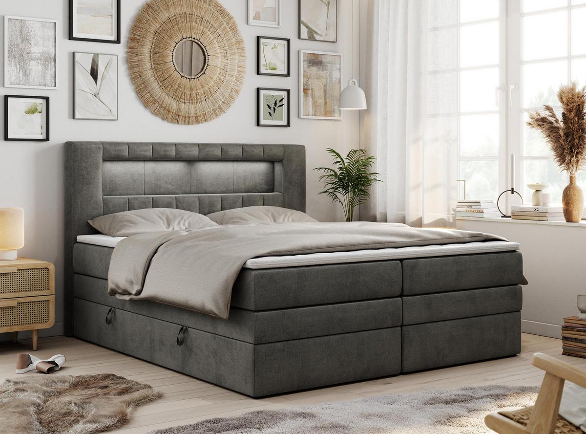 BOXSPRINGBETT GOLD-5 KING LED 200/200 Dunkelgrau Velvet - H4 - Dunkelgrau, Holz/Textil (200/200cm) - MKS