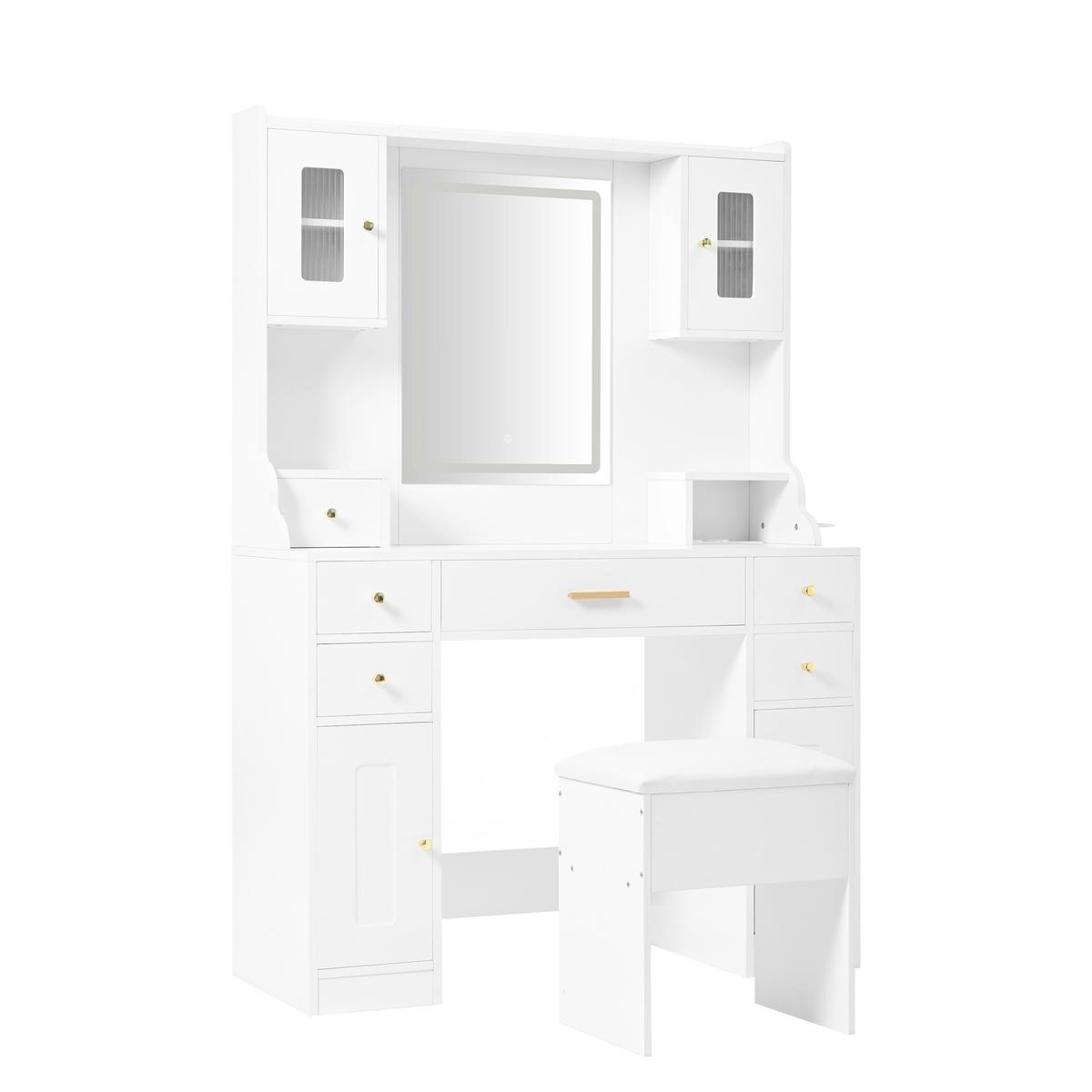 SCHMINKTISCH Weiß mit LED-Spiegel, Steckdosen & Hocker - Weiß, Holzwerkstoff (105/152/40cm) - Urban Meuble