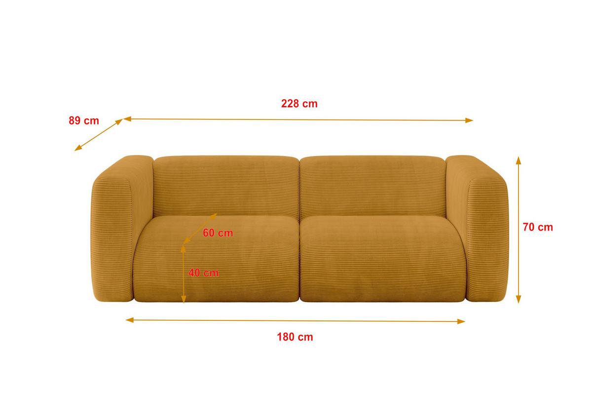 MODULARES Sofa 2-SITZER MIRA-S1 228x89x70 Senfgelb cm Cord - Currygelb/Schwarz, Holzwerkstoff/Kunststoff (228/70/89cm) - ALTDECOR