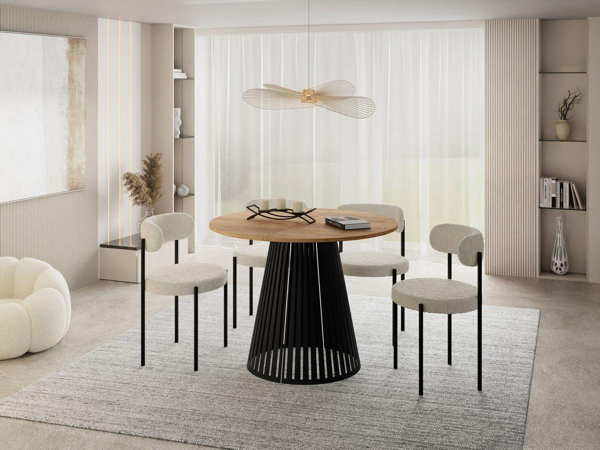 ESSTISCH Naro rund ausziehbar mit Schwarzem Lamellen-Metallgestell, Braun 120-200/120/76 cm - Eiche Wotan/Schwarz, Holzwerkstoff/Metall (120/196/76cm) - WFL GROUP