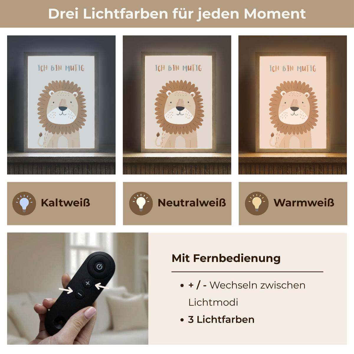 NACHTTISCHLAMPE MIT AKKU Löwe - Beige - Tier - Mutig - Zitat 30x40 cm - Beige, Holzwerkstoff (8/30/40cm) - OnlyWow