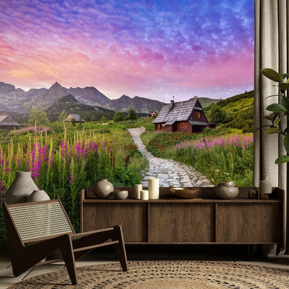 FOTOTAPETE für Schlafzimmer Berglandschaft Holzchalet Natur 500x350 - Beige/Violett, Papier (500/350cm) - Muralo