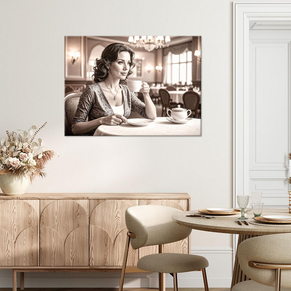 LEINWANDBILD Frau Restaurant Kaffeetasse 90x60cm - Beige, Textil (90/60cm) - Feeby