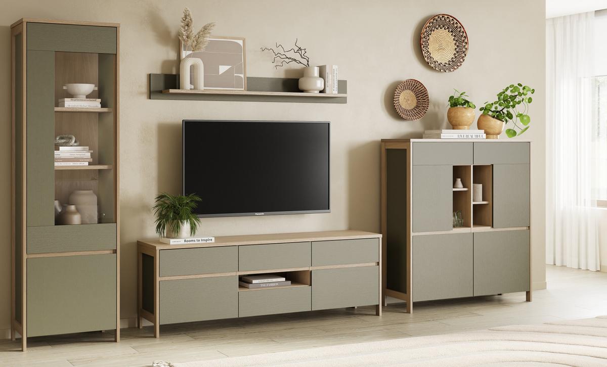 WOHNWAND Salbei grün, Eiche, Schrankwand skandinavisch 4-teilig 360 cm, Soft-Close - Salbeigrün/Eichefarben, Holzwerkstoff/Metall (363/195/39cm) - Furn.Design