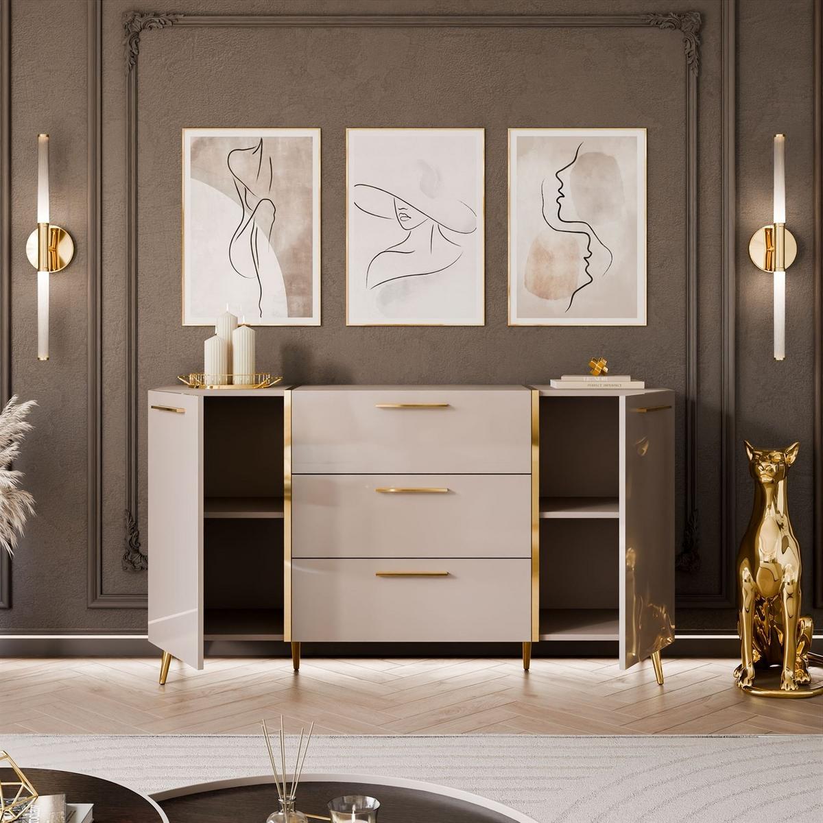 SIDEBOARDS mit Schubladen ONYX Kaschmir auf goldenen Beinen Hochglanz - Kaschmir, Holzwerkstoff (158/88/41.3cm) - Lookway