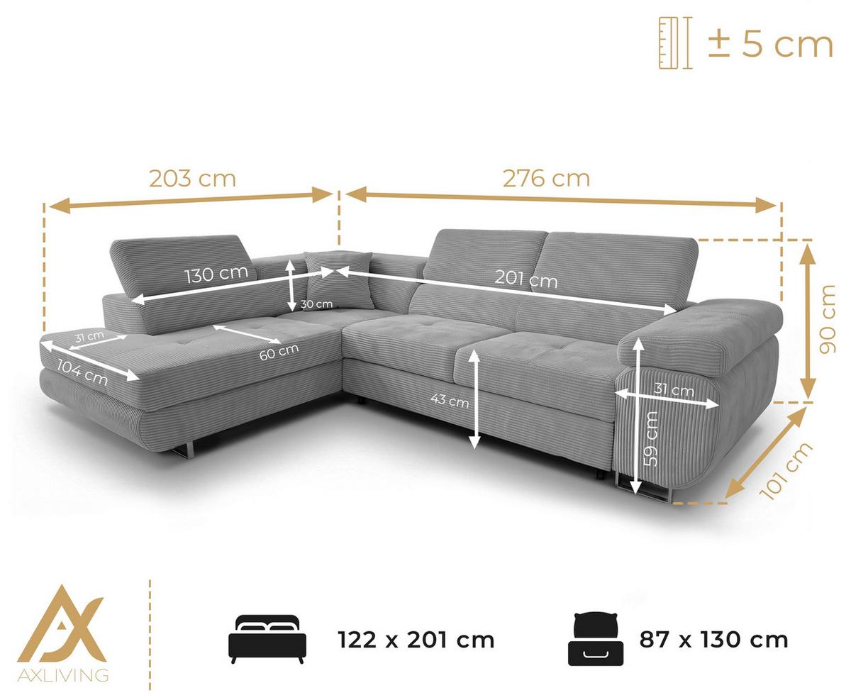 ECKSOFA L Form Konak Hellgrau 276/201/90 cm Links mit Schlaffunktion - Silberfarben/Hellgrau, Textil/Metall (203/276cm) - AX Living