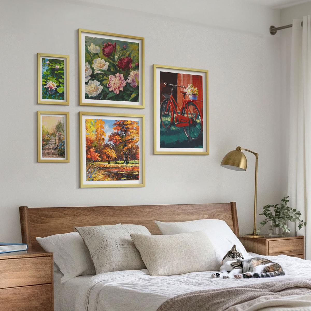 BILDER SET 5er Set - 50x50 cm & 20x30 cm & 40x60 cm Goldrahmen - Strand Holzsteg Klippen - Goldfarben, Kunststoff (40/60cm) - TULUP