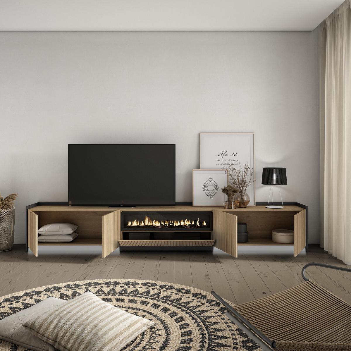 LOWBOARD, Eiche und Schwarz, 310/37/50cm, Elektrokamin, Led - Eichefarben, Holzwerkstoff (310/50/37cm) - Skraut Home