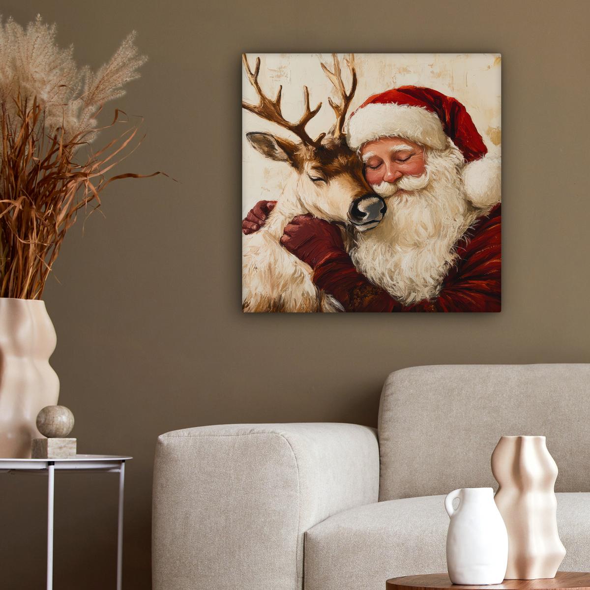 LEINWANDBILD Weihnachtsmann - Rentier - Weihnachten Wandbild Wohnzimmer 50x50 cm - Rotbraun, Textil (50/50cm) - MuchoWow