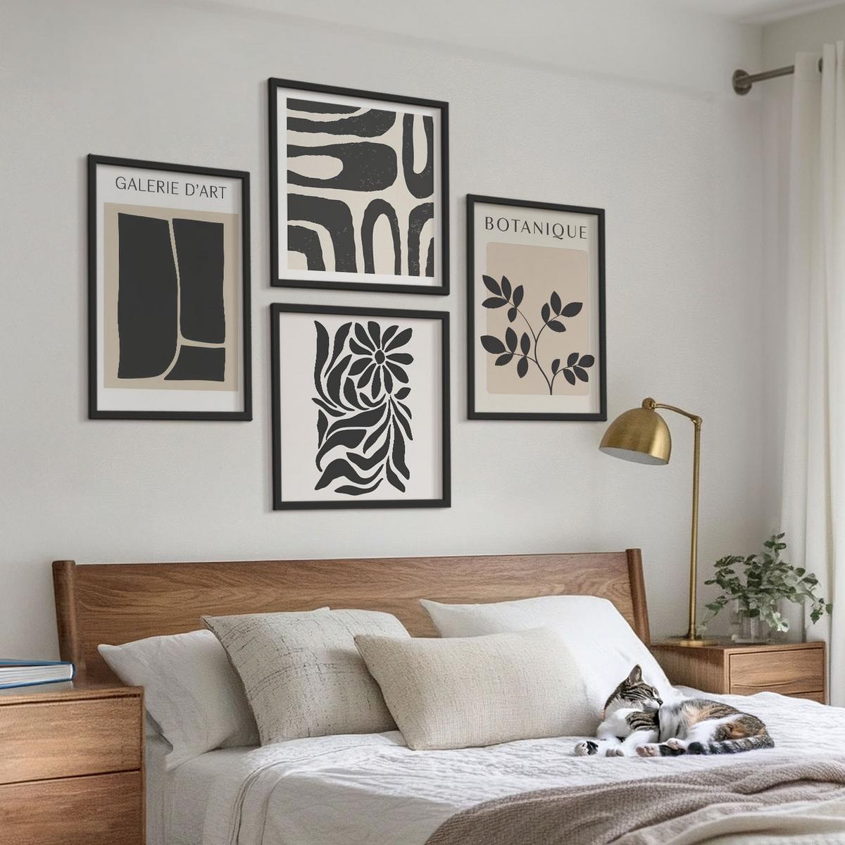 BILDER SET 4er Set - 50x50 cm & 40x60 cm Schwarzer Rahmen - Abstrakte Pflanzenmuster - Schwarz, Kunststoff (50/50cm) - TULUP