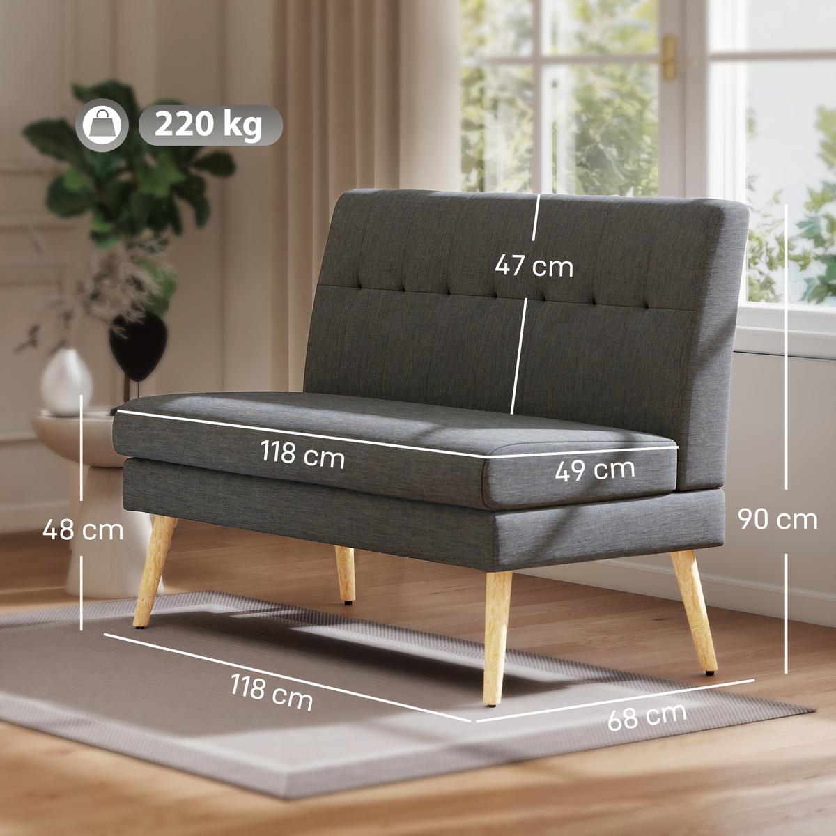 SOFA 2 Sitzer Couch mit Leinenoptik, Getuftete Rückenlehne, Dunkelgrau - Dunkelgrau/Naturfarben, Holz/Textil (68/90/118cm) - HOMCOM