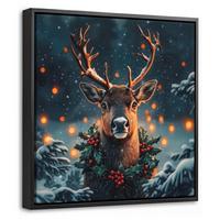 LEINWAND Bilder mit Rahmen - Hirsch - Weihnachten - Winter - Schnee - Weihnachtskranz - 20x20 - Dunkelbraun, Textil (20/20cm) - MuchoWow