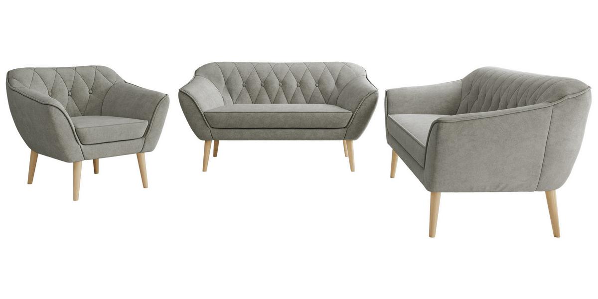 SITZGARNITUR PIRS 3+2+1 - Grau Strukture - Holzbeine - Platinfarben/Buchefarben, Holzwerkstoff/Textil (180/75/74cm) - MKS