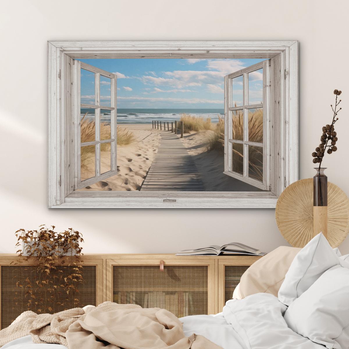 AKUSTIKBILD Fenster - Meer - Küste - Natur - Ausblick - Strand - Wattenmeer Wandbild Wohnzimmer 100x70 cm - Beige, Kunststoff (100/70/0.9cm) - MuchoWow