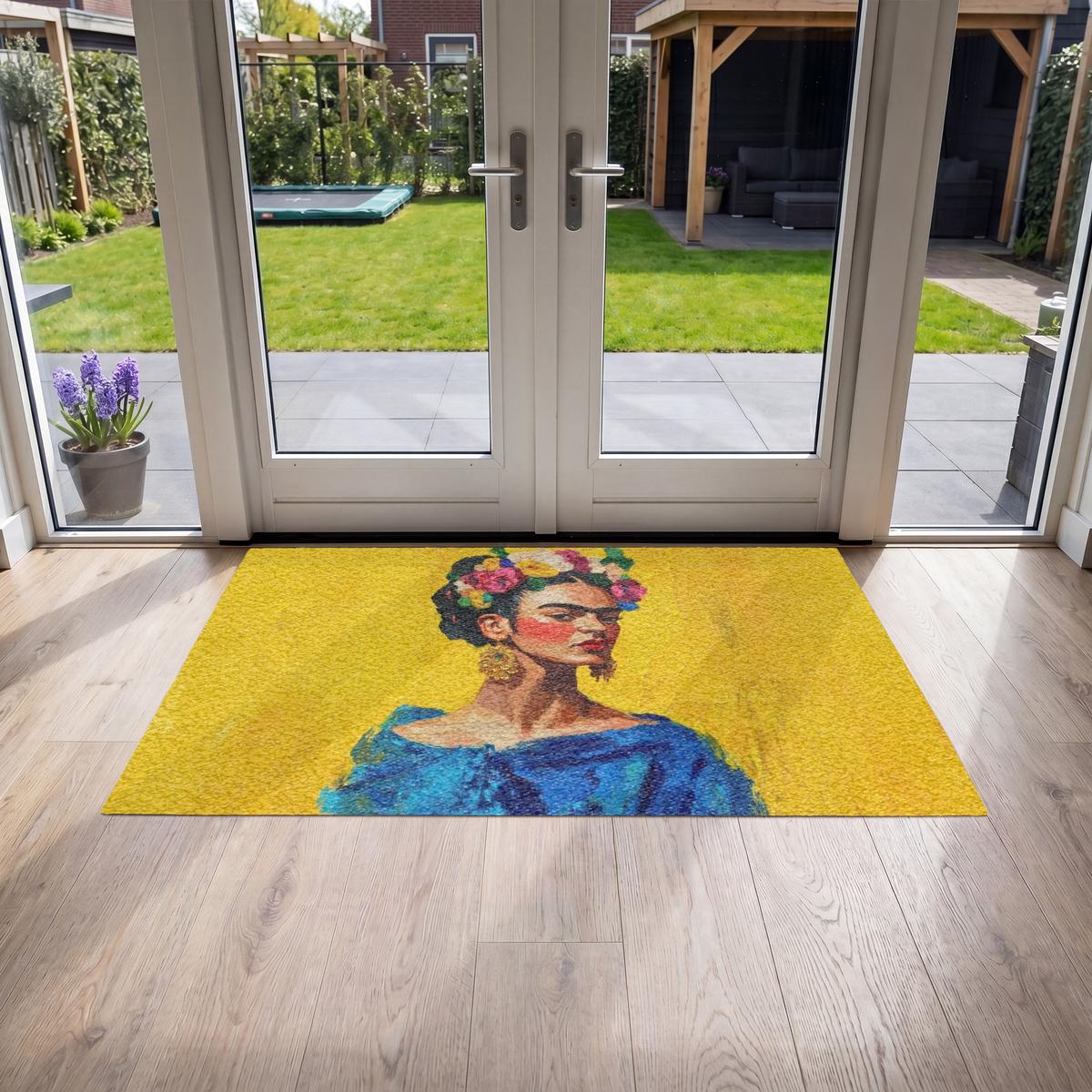 FUSSMATTE Frida Kahlo - Frau - Gelb - Blau - Blumen Schmutzfangmatte 150x90 cm - Gelb, Kunststoff (150/0.4cm) - MuchoWow