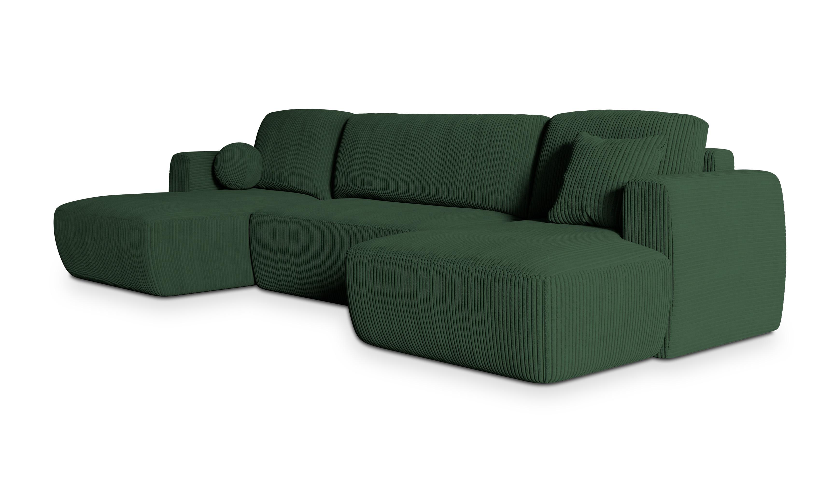 WOHNLANDSCHAFT SENTUM P Grün Kordstoff mit Schlaffunktion - Schwarz/Grün, Holz/Kunststoff (330/90/148cm) - MASSENO