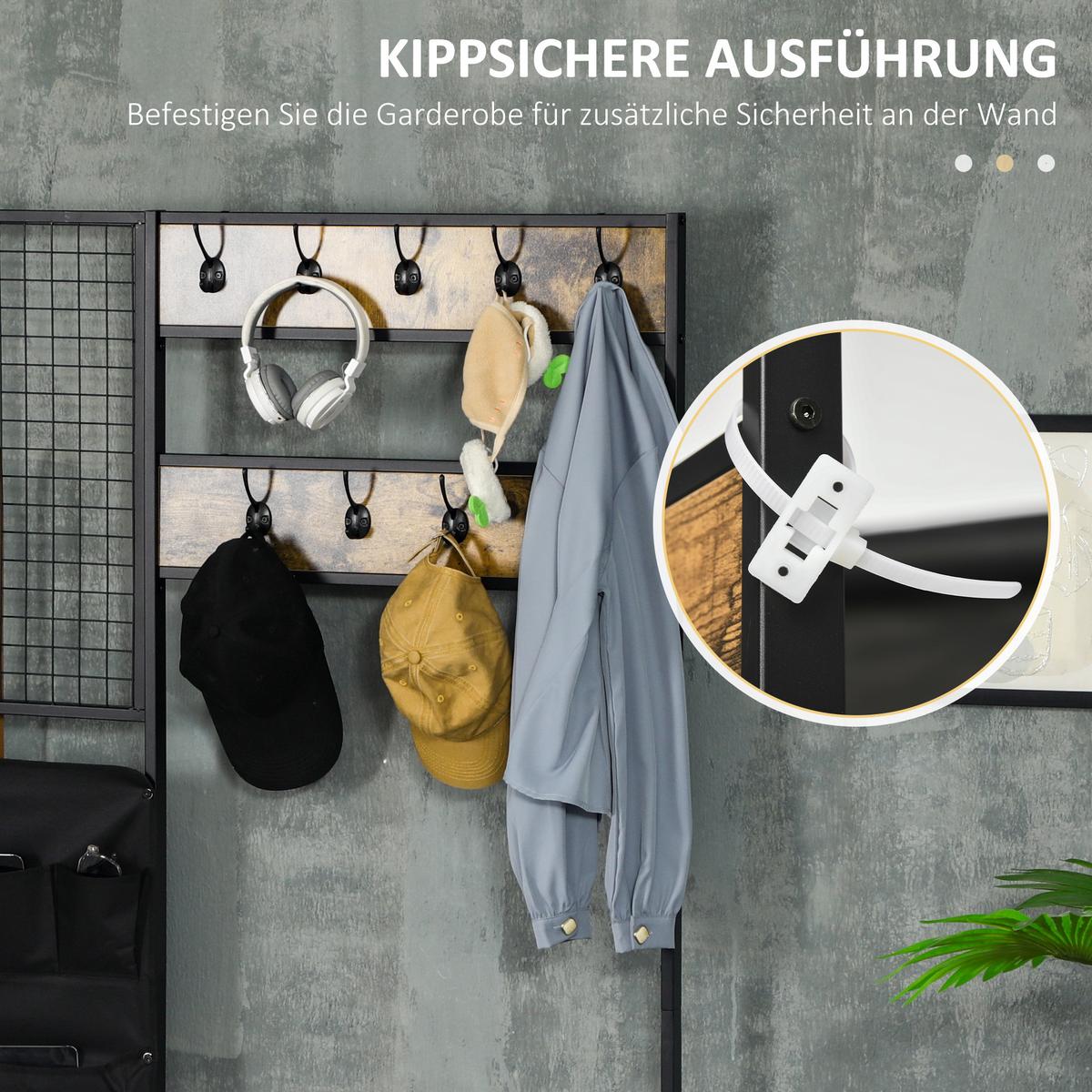 GARDEROBENSTÄNDER, Garderobe, Kleiderständer mit Haken, Schuhregal Stahl Braun - Braun, Metall (40/185/100cm) - HOMCOM