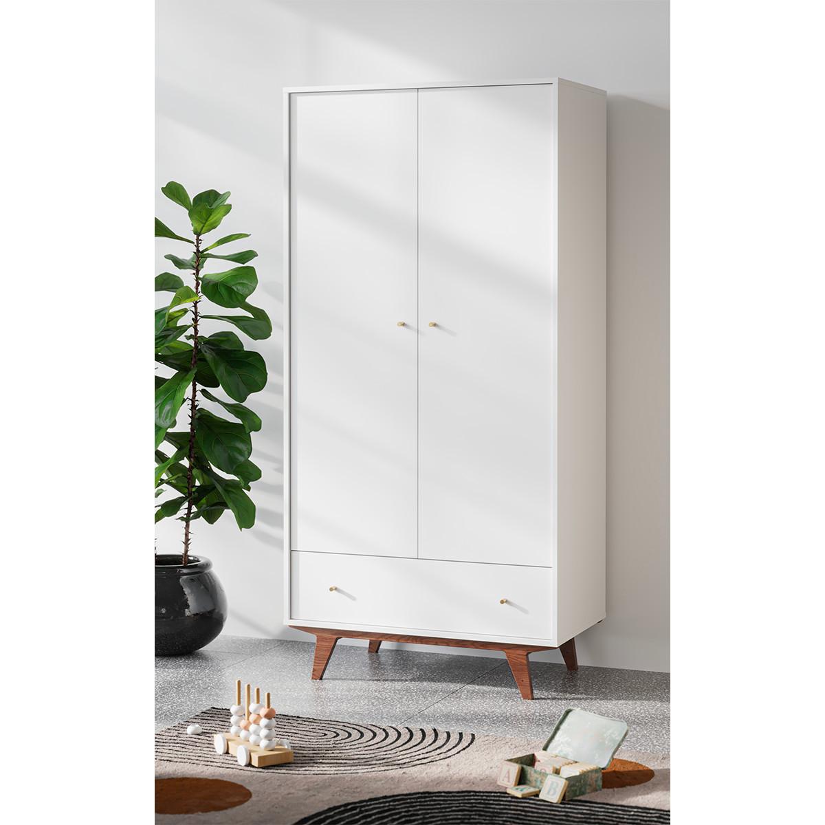 SCHRANK 2 Türen Mid Weiß und Holz - Weiß, Holzwerkstoff (90/185/50cm) - Petits-meubles